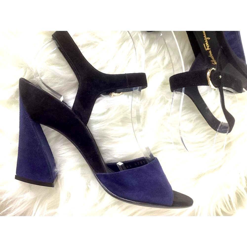 Ferragamo MODERN Purple Black Color Block Suede Strappy Sculpted Heels 6 RARE
